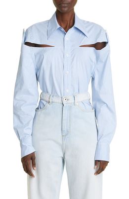 K. NGSLEY Gender Inclusive Slashed Cotton Poplin Button-Up Shirt in White/Blue