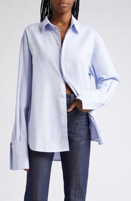 K. NGSLEY Gender Inclusive Snider Splice Cotton Button-Up Shirt in White/Blue
