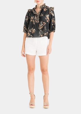 Kacey Pintuck Button-Front Floral Top