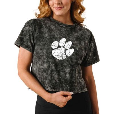 KADYLUXE Women's Black Clemson Tigers Vintage Wash Milky Silk Cropped T-Shirt