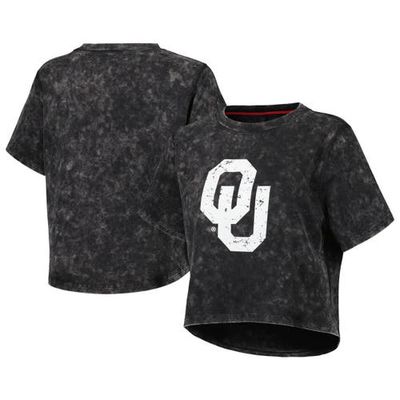 KADYLUXE Women's Black Oklahoma Sooners Vintage Wash Milky Silk Cropped T-Shirt