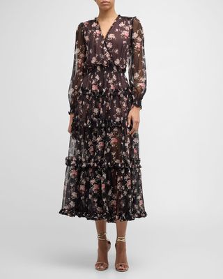 Kailo Tiered Floral Silk Chiffon Midi Dress