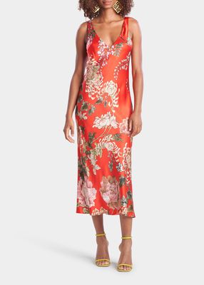 Kairaku Deep V-Neck Floral-Print Silk Gown