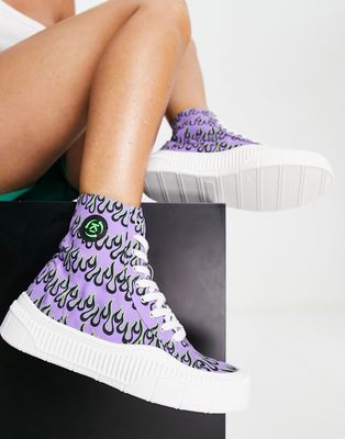 Kaltur high top sneakers in flames print in purple printed canvas - PURPLE