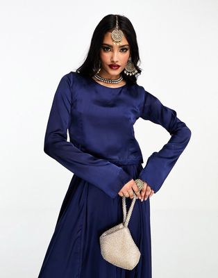 Kanya London Bridesmaid Lehenga long sleeve crop top in navy-Blue