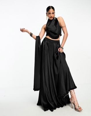 Kanya London Lehenga full flare frill skirt & dupatta in black - part of a set