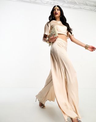 Kanya London pleated sharara wide leg pants in champagne - part of a set-Gold