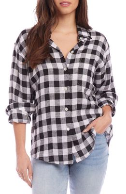 Karen Kane Check Linen Button-Up Shirt in Black W/White