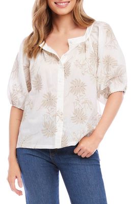 Karen Kane Embroidered Peasant Blouse in Off White W/Taupe