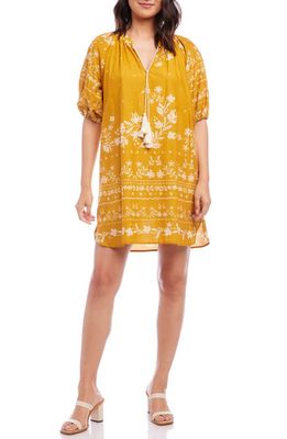 Karen Kane Floral Tassel Puff Sleeve Cotton Shirt Dress in Gold