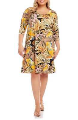 Karen Kane Floral Three-Quarter Sleeve Jersey Dress in Beige Print