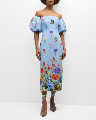 Karene Floral Crepe Puff-Sleeve Midi Dress