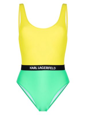 Karl Lagerfeld colour-block logo-band swimsuit - Yellow