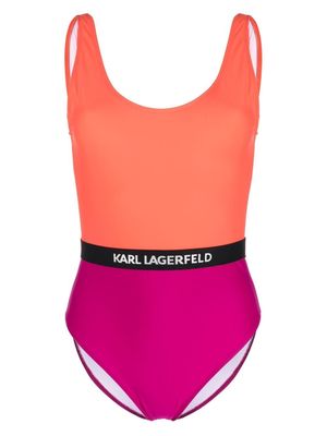 Karl Lagerfeld colour-block logo-waist swimsuit - Orange