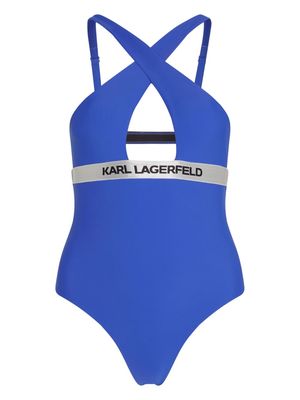 Karl Lagerfeld logo-waistband halterneck swimsuit - Blue