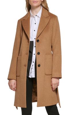 Karl Lagerfeld Paris Belted Wool Blend Patch Pocket Coat in Camel