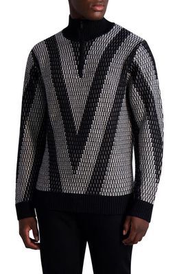 Karl Lagerfeld Paris Chevron Jacquard Half Zip Wool Mock Neck Sweater in Black/white