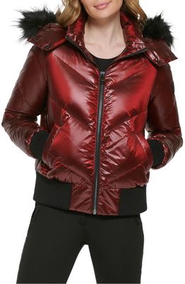 Karl Lagerfeld Paris Chevron Quilted Water Resistant Faux Fur Trim Bomber Jacket in Red Rust