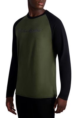 Karl Lagerfeld Paris Colorblock Retro Logo Long Sleeve Graphic T-Shirt in Olive