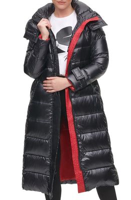 Karl Lagerfeld Paris Contrast Belted Longline Down & Feather Fill Puffer Jacket in Black