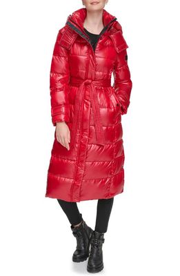 Karl Lagerfeld Paris Contrast Belted Longline Down & Feather Fill Puffer Jacket in Red