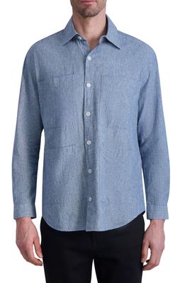 Karl Lagerfeld Paris Cotton & Linen Button-Up Shirt in Blue-White 