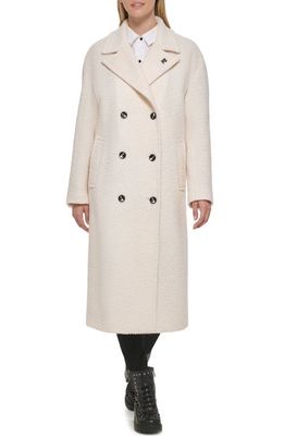 Karl Lagerfeld Paris Double Breasted Long Wool Blend Coat in White