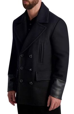 Karl Lagerfeld Paris Double Breasted Wool Blend Peacoat in Black