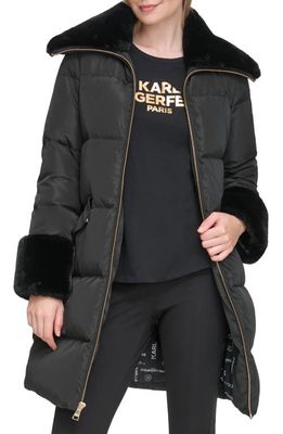 Karl Lagerfeld Paris Down & Feather Puffer Coat with Faux Fur Trim in Black