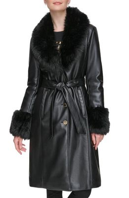 Karl Lagerfeld Paris Faux Leather & Faux Fur Trench Coat in Black