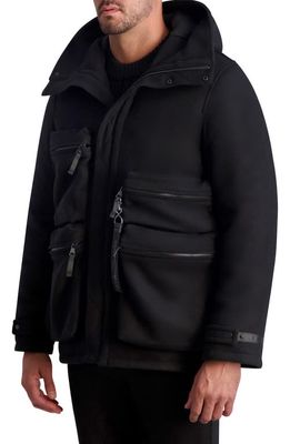 Karl Lagerfeld Paris Hooded Wool Blend Down Military Jacket in Black
