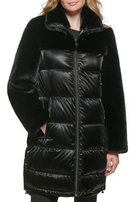 Karl Lagerfeld Paris Lacquer Water Resistant Faux Fur Trim Puffer Jacket in Black