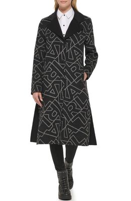 Karl Lagerfeld Paris Logo Print Wool Blend Maxi Overcoat in Black-Grey