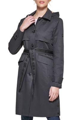 Karl Lagerfeld Paris Logo Tape Cotton Blend Trench Coat with Removable Hood in Black