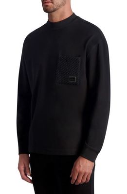 Karl Lagerfeld Paris Long Sleeve T-Shirt with Bouclé Chest Pocket in Black