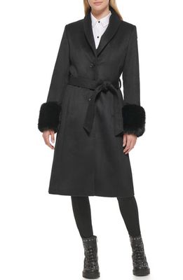 Karl Lagerfeld Paris Longline Wool Blend Coat with Faux Fur Trim in Black