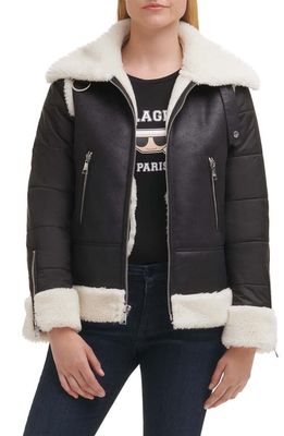 Karl Lagerfeld Paris Mixed Media Faux Shearling Jacket in Black