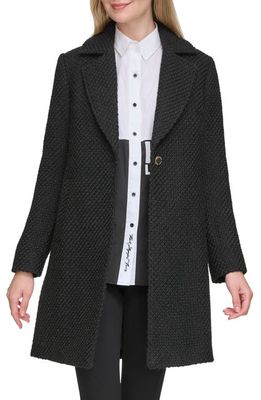 Karl Lagerfeld Paris One Button Wool Blend Bouclé Coat in Black