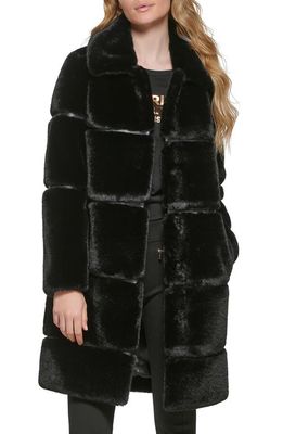 Karl Lagerfeld Paris Quilted Longline Faux Fur Coat in Black