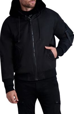 Karl Lagerfeld Paris Reversible Faux Fur Hooded Bomber Jacket in Black/Black