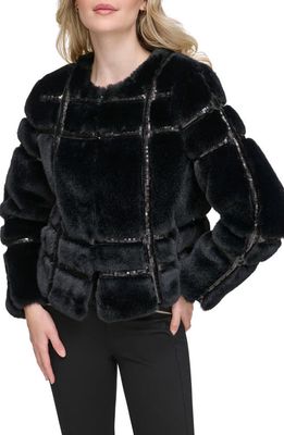 Karl Lagerfeld Paris Sequin Quilted Faux Fur Jacket in Black