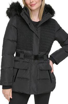 Karl Lagerfeld Paris Smocked Belted Ski Puffer Jacket with Faux Fur Hood in Black
