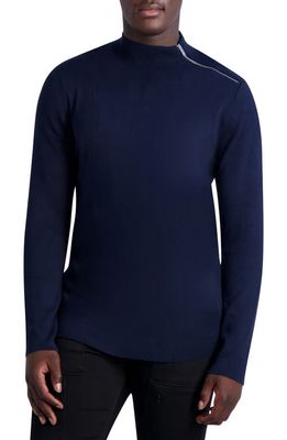 Karl Lagerfeld Paris Solid Zip Shoulder Mock Neck Sweater in Navy