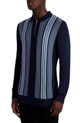 Karl Lagerfeld Paris Stripe Long Sleeve Half Zip Polo in Navy