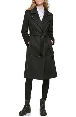 Karl Lagerfeld Paris Stud Detail Wool Blend Wrap Coat in Black