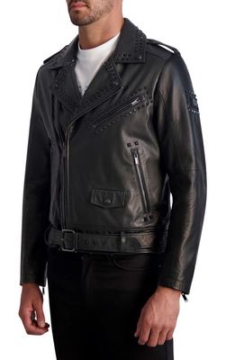 Karl Lagerfeld Paris Studded Leather Biker Jacket in Black