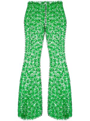 kasia kucharska floral-appliqué sheer flared trousers - Green