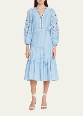 Kassandra Embroidered Puff-Sleeve Midi Dress