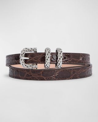 Kat Croc-Embossed Leather Skinny Belt
