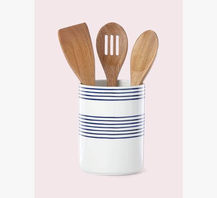 Kate Spade Charlotte Street Utensil Crock With Servers, Parchment, Black & White